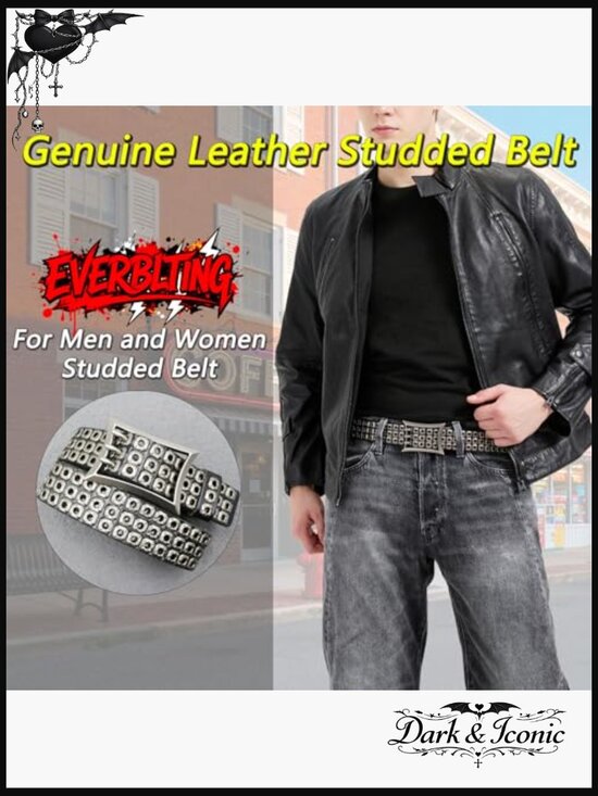 Three Row Studded Punk Belt with Rivets Genuine Leather Y2K Gothic main image 6